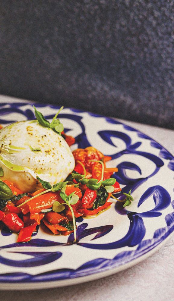 The Burrata insalate dish with roasted baby peppers, pachino tomato sauce, lemon basil emulsion and micro basil. PHOTO COURTESY OF SERENA PACIFICO