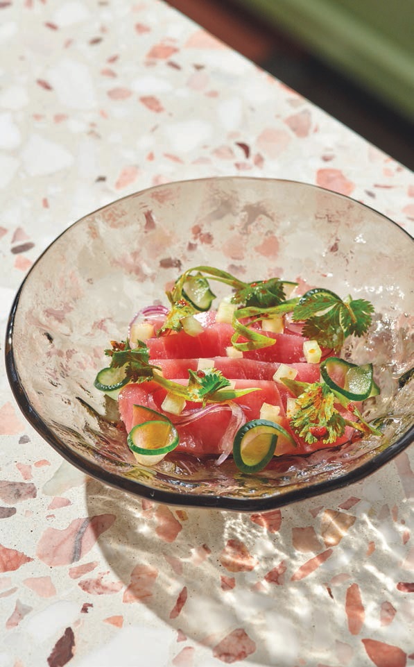 the tuna crudo, complete with aguachile green tomato, Persian cucumber and scallions, absolutely melts in the mouth