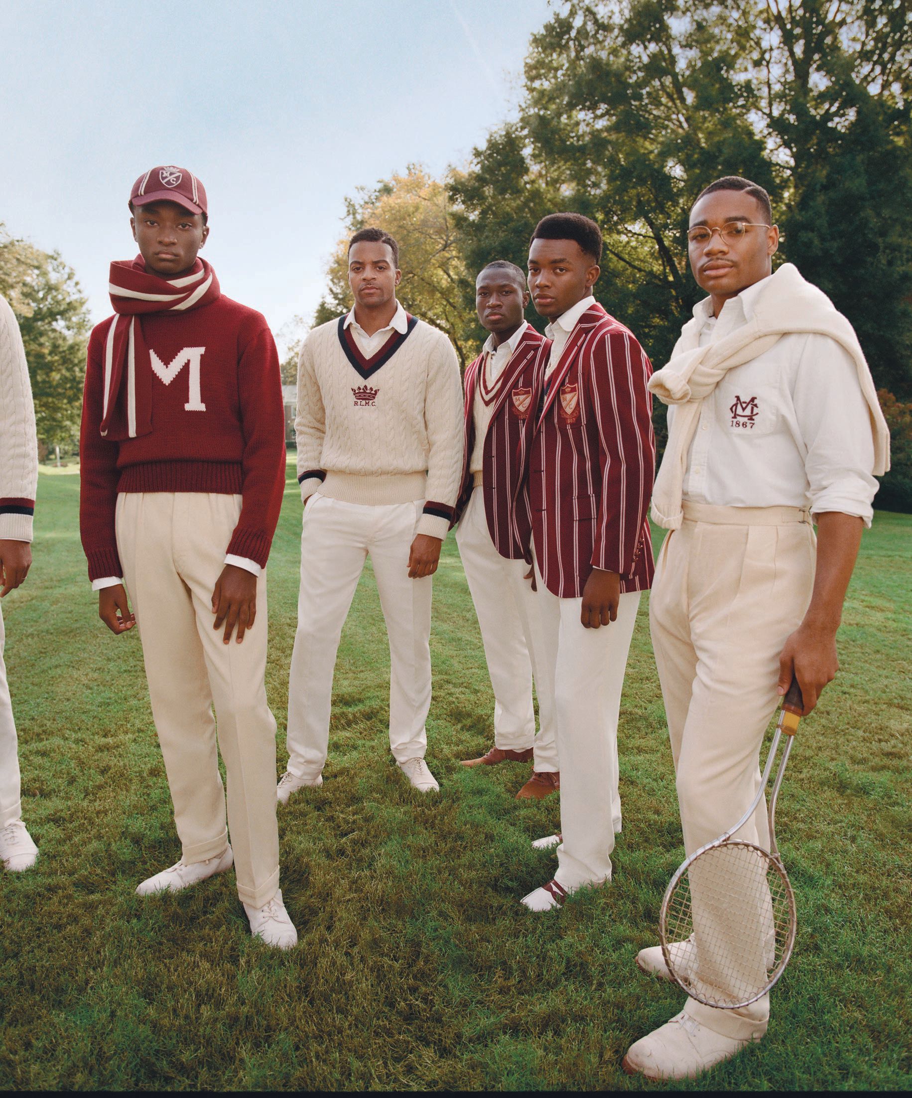 The Morehouse Collection cotton ball cap, “M” sweater, Cricket sweater and Cricket blazer, ralphlauren.com. PHOTO BY NADINE IJEWERE/POLO RALPH LAUREN