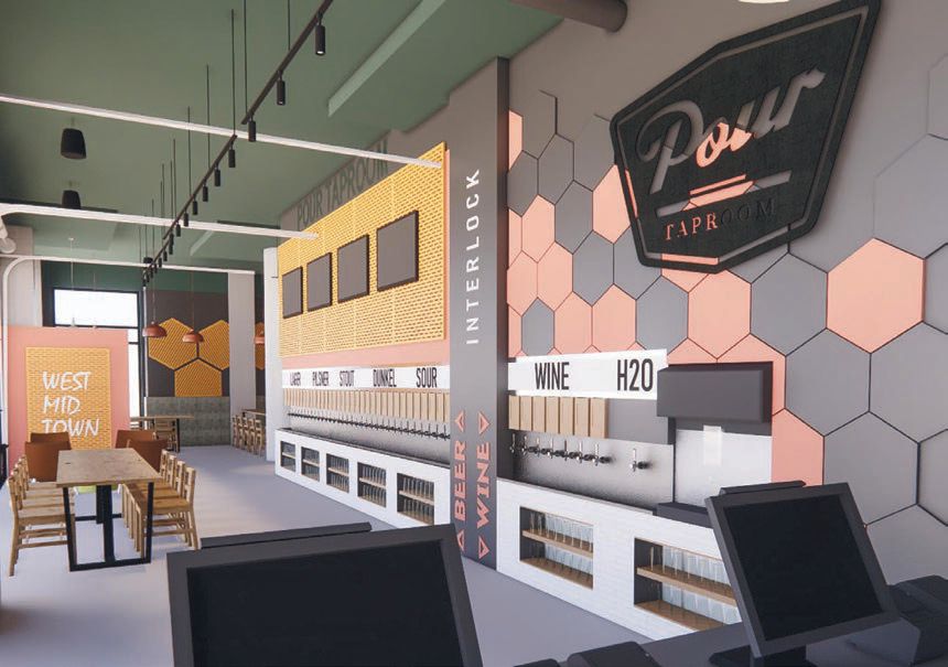 The design at Pour Taproom, which is located on the first floor of the Windsor Interlock apartments, is courtesy of Terminus Design Group. PHOTO: COURTESY OF TERMINUS DESIGN GROUP LLC © 2021